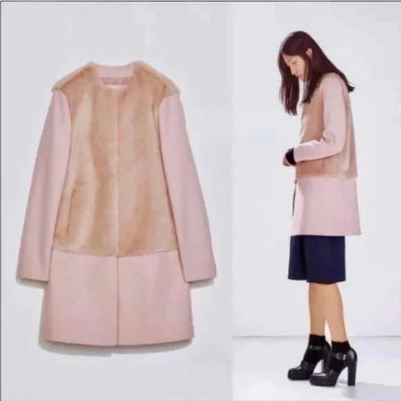 Zara Pink Fur Wool Coat NEW